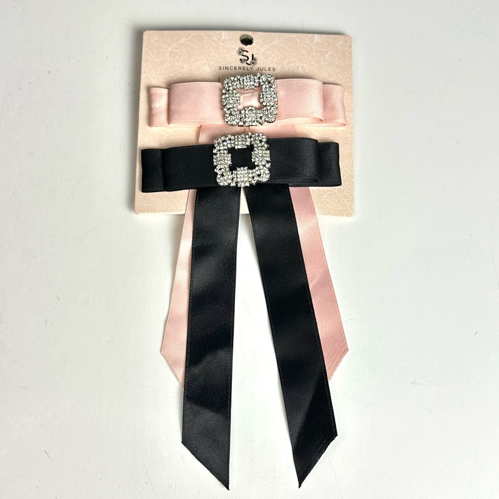 Sincerely Jules Set of 2 Rhinestone & Satin Hair Bows Black & Pink. NEW